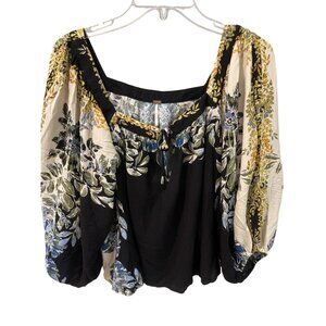 Free People Shirt Womens Medium Black Floral Boho Peasant Top Balloon Sleeve